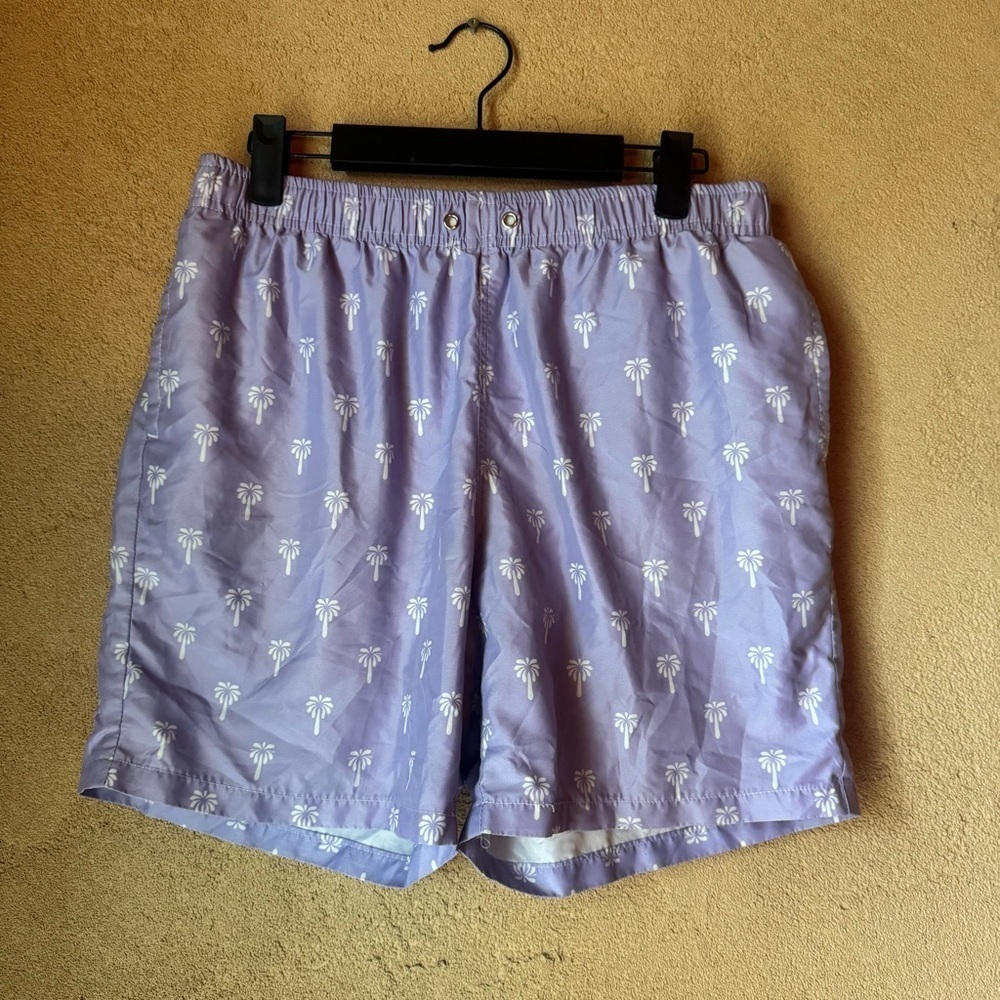 SHEIN Purple and White swim Shorts with palm trees